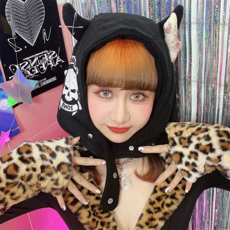 Devil Horn Skull Printed Bones Earmuffs Hat