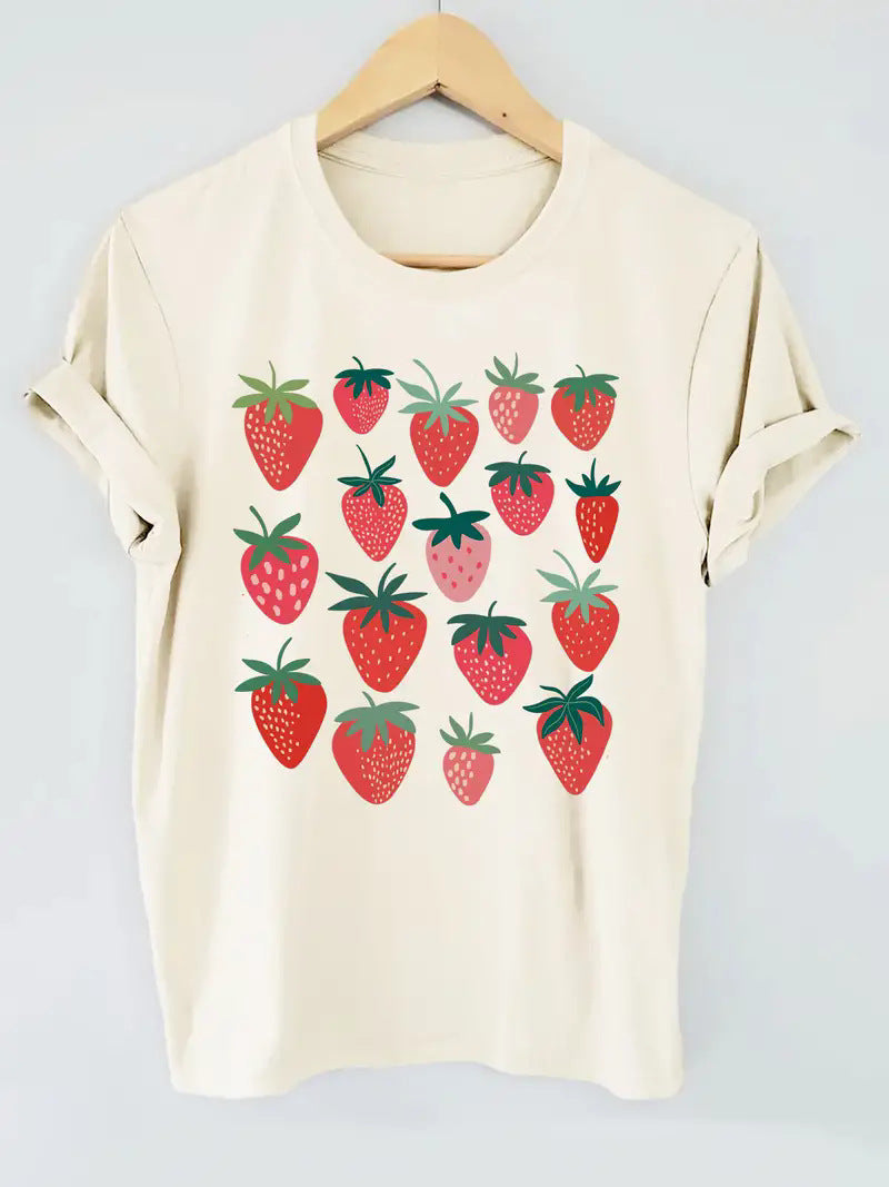 Fruit Strawberry Round Neck Short Sleeve Top For Women