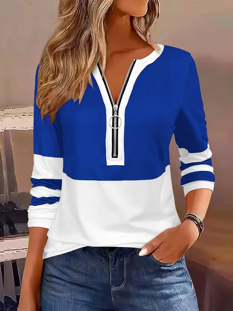 Women's V-collar Contrast Color Striped Loose Zip Long-sleeved T-shirt