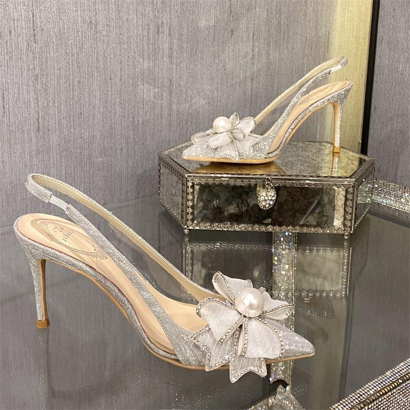 Champagne Bow Rhinestone Stiletto Sheer High Heel Sandals