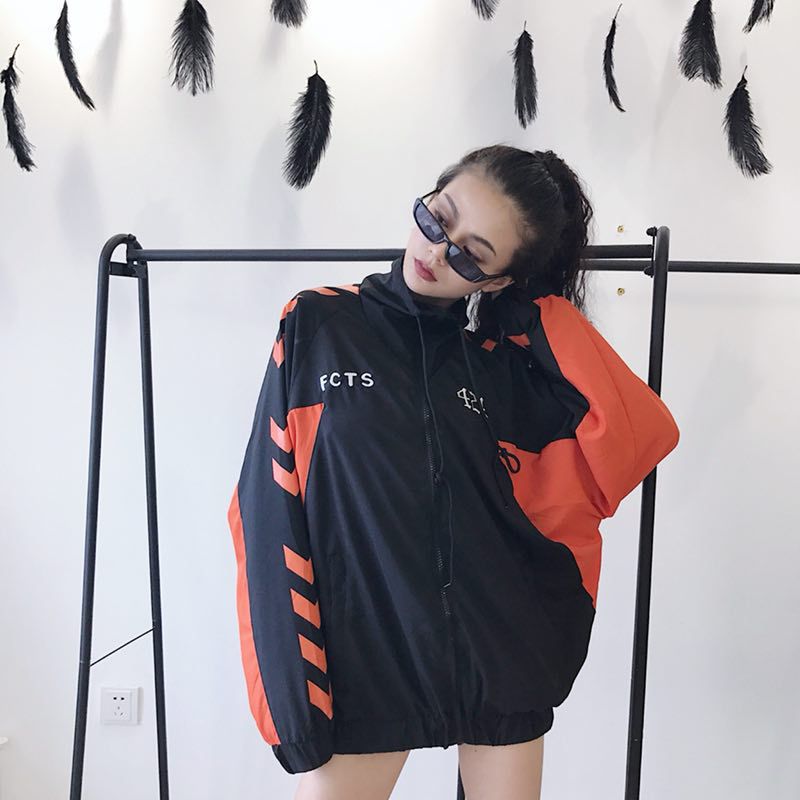 Retro String Standard Color Block Hooded Net Red Windbreaker