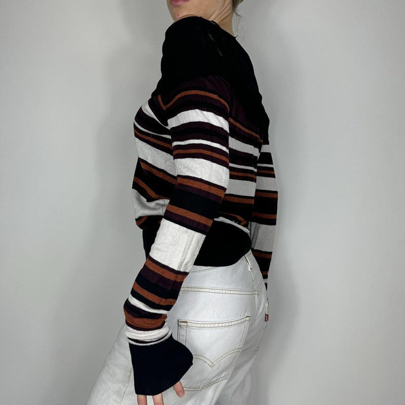 American-style Casual Contrast Color Striped Off-shoulder Sweater