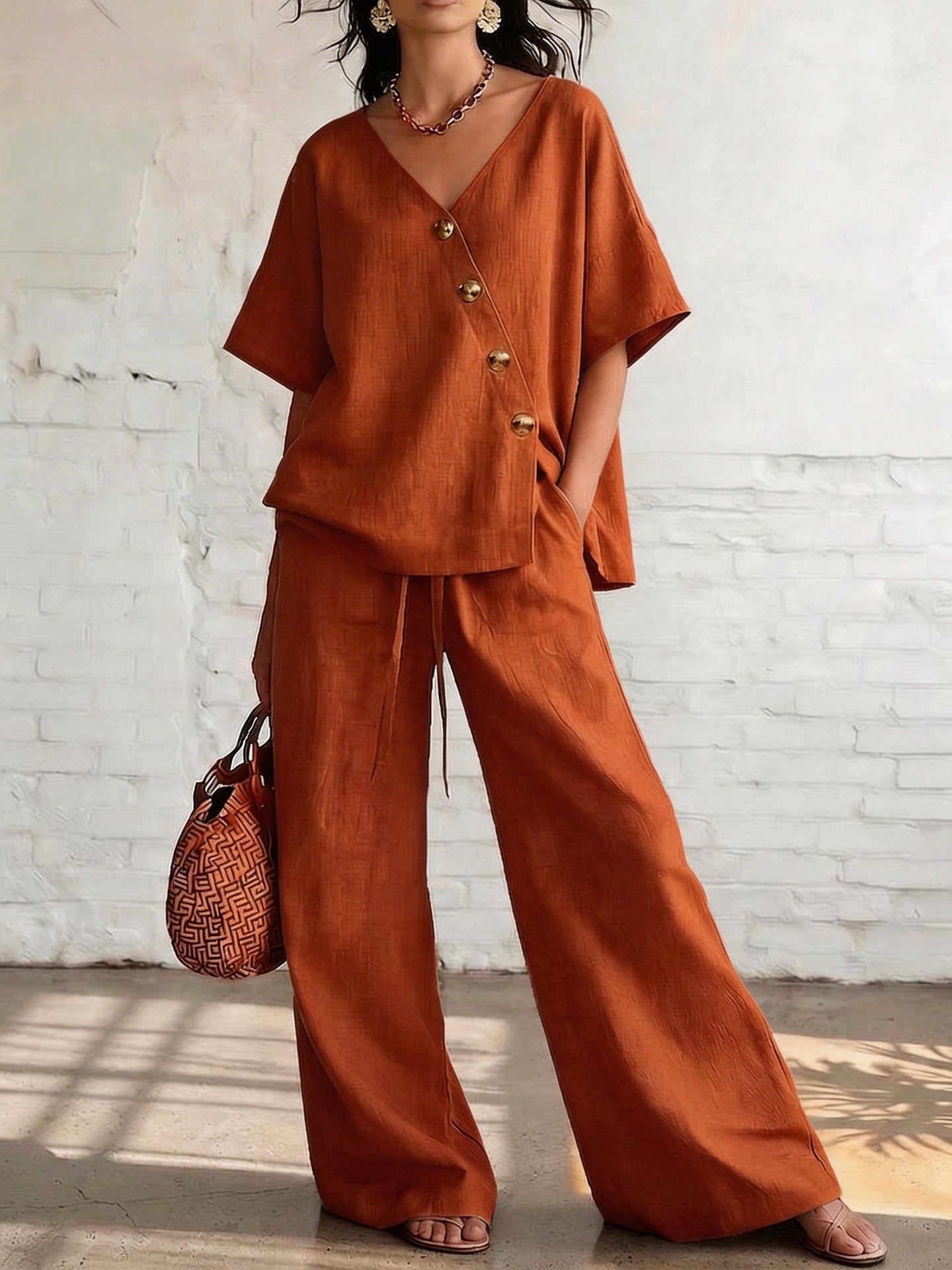 Casual Vacation Loose Cotton-Linen V-Neck Wide-Leg Pants Two-Piece Set