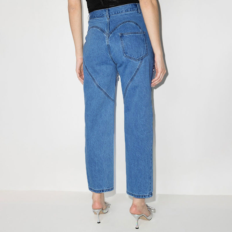 Lange Lige Jeans med Diamantperler og Høj Talje med Huller