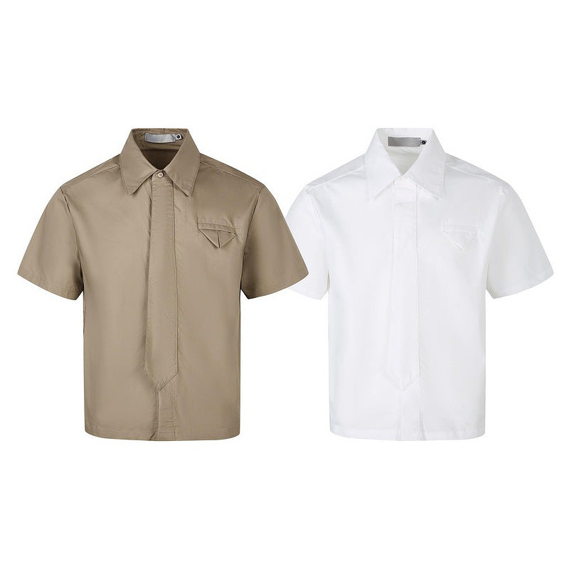 Cleanfit American Retro Casual Loose Fake Tie Design Short Sleeve Shirt