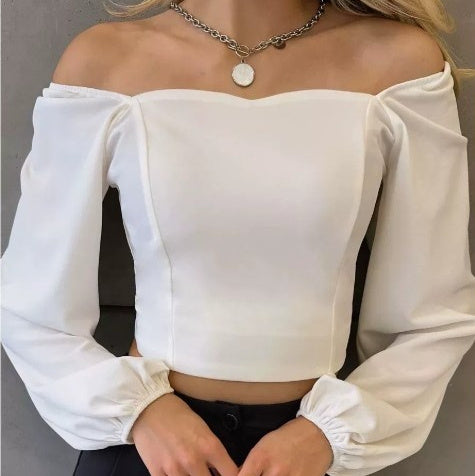 Solid Color Fashionable Versatile Casual Top Square Neck Long Sleeve Sexy Women