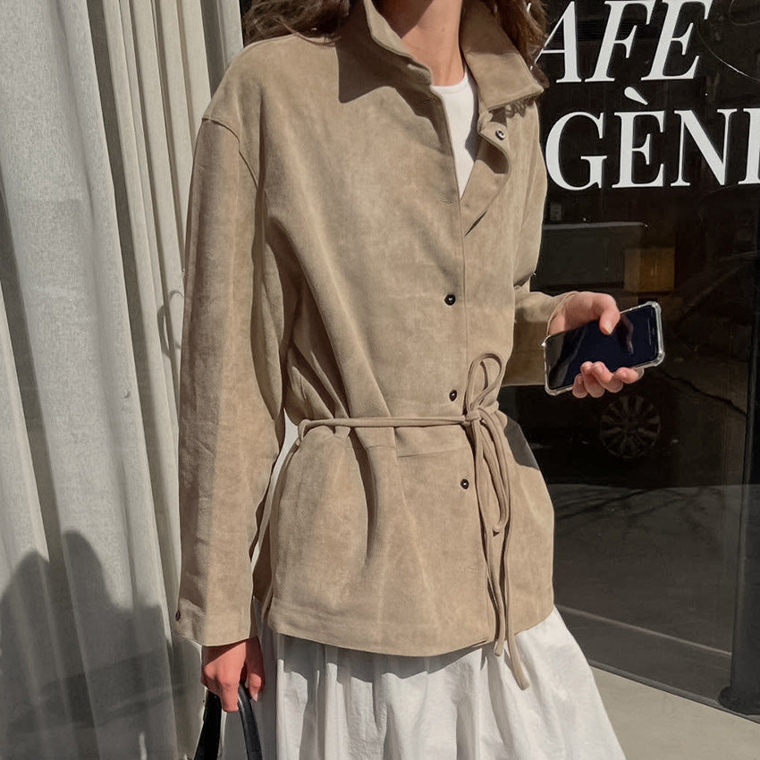 Notched-collar Cinched-waist Figure-flattering Belted Coat