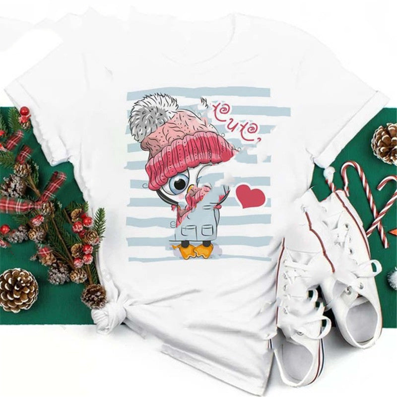 Christmas Penguin Owl Print Women's Black T-Shirt