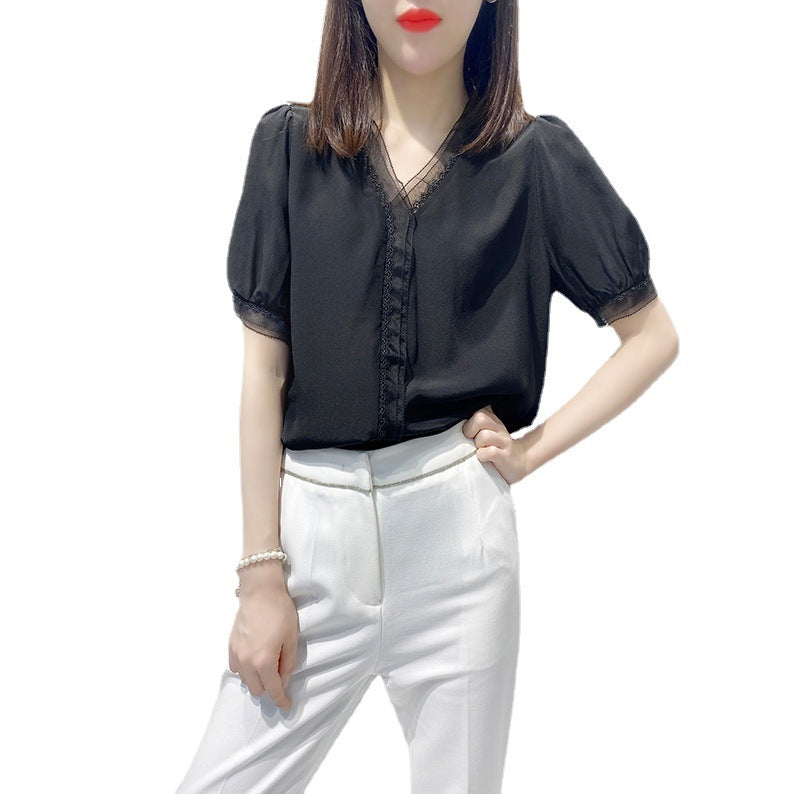 New Stylish Loose V-neck Puff Sleeve Design Sense Niche Lace Top