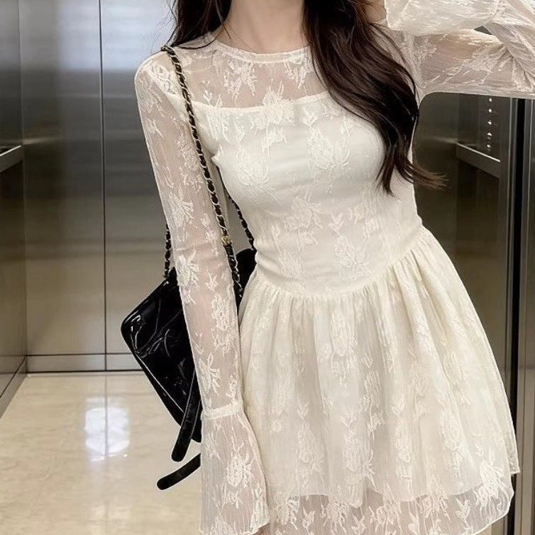 Korean-style Milk Apricot Long-Sleeve Lace Patchwork Dress