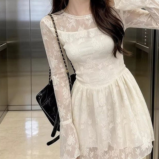 Korean-style Milk Apricot Long-Sleeve Lace Patchwork Dress