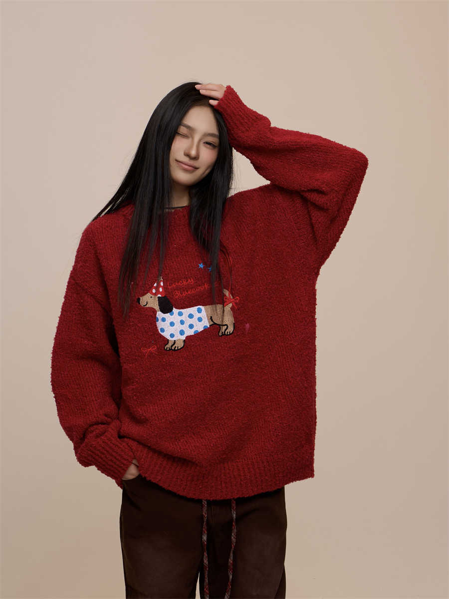 Christmas Red Couple's Sausage Dog Towel Embroidered Sweater