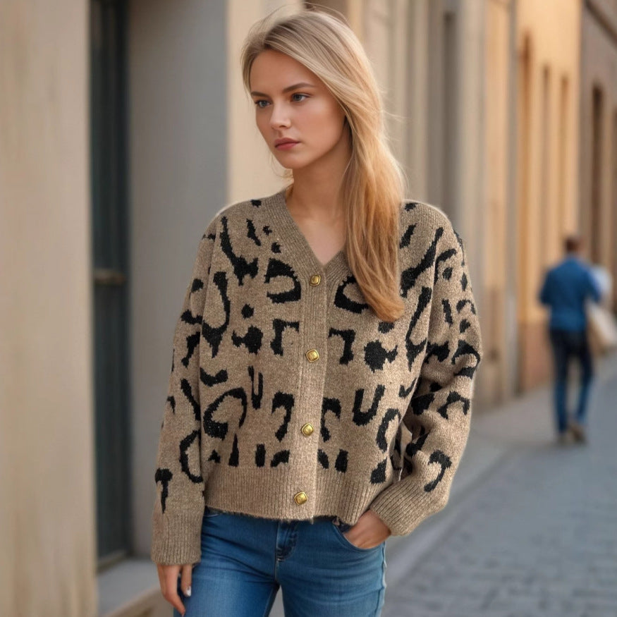 Women's Leopard Print Short Sweater V-neck Casual Knitted Cardigan Top