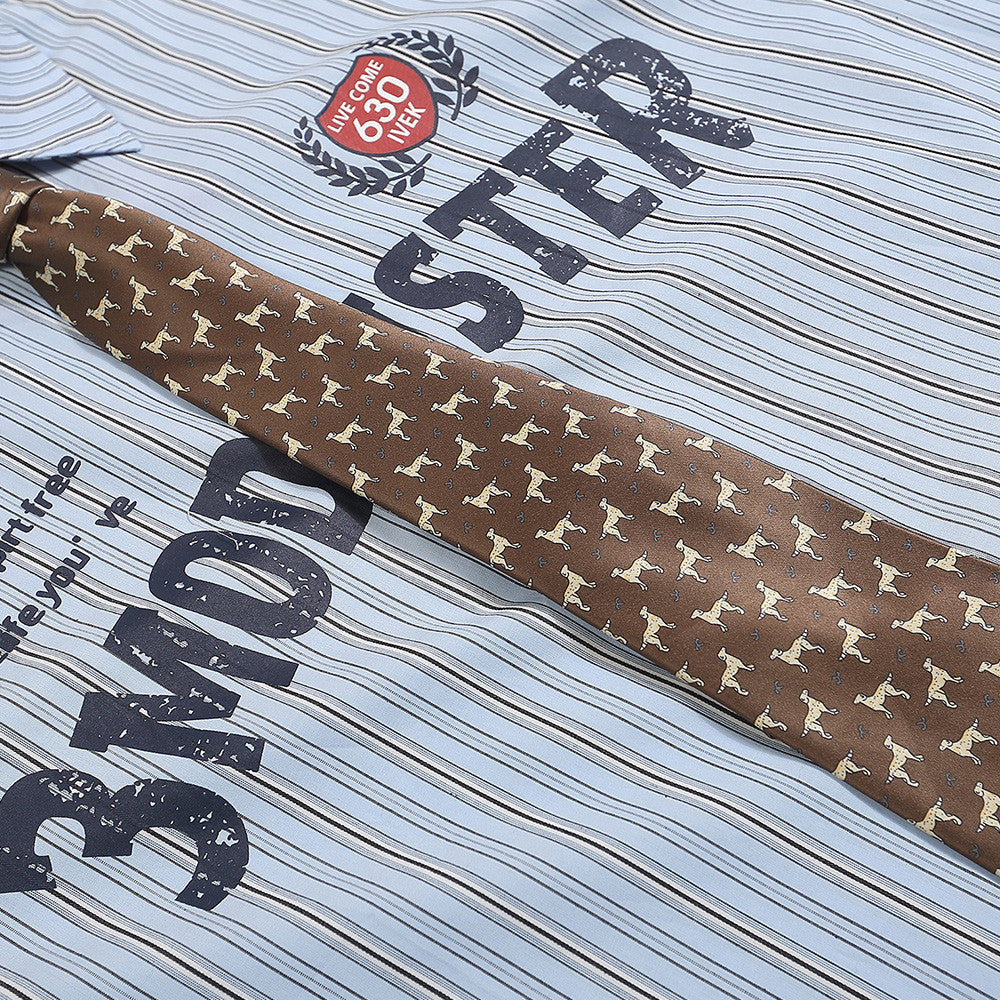 Letter Print With Tie Vertical Stripes Long Sleeve Shirt For Men