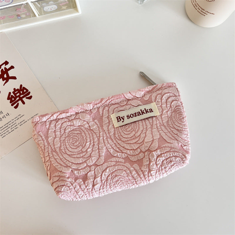 French Relief Flower Makeup Simple Portable Handbag Casual Mobile Phone Handheld Bag