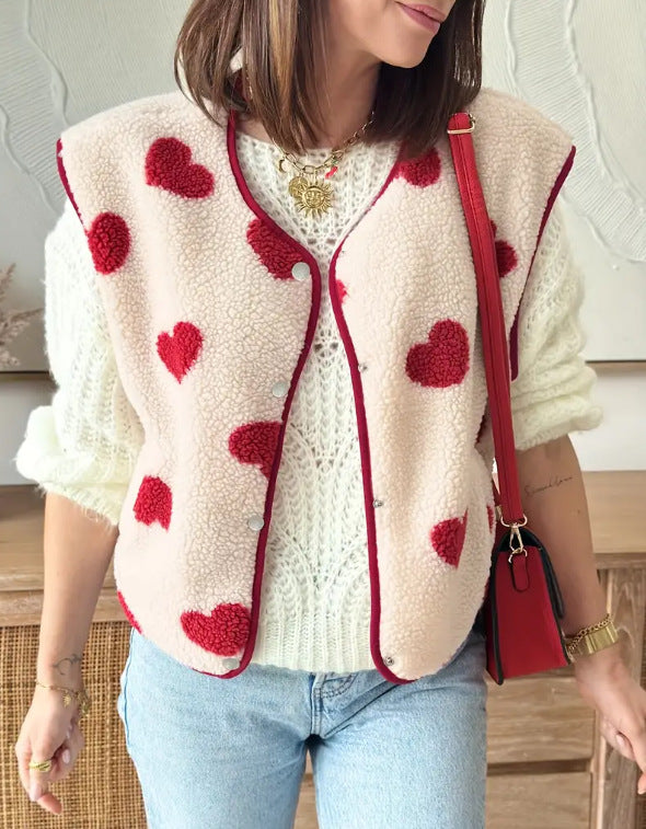 Women's Casual Lamb Fleece Heart Button Vest