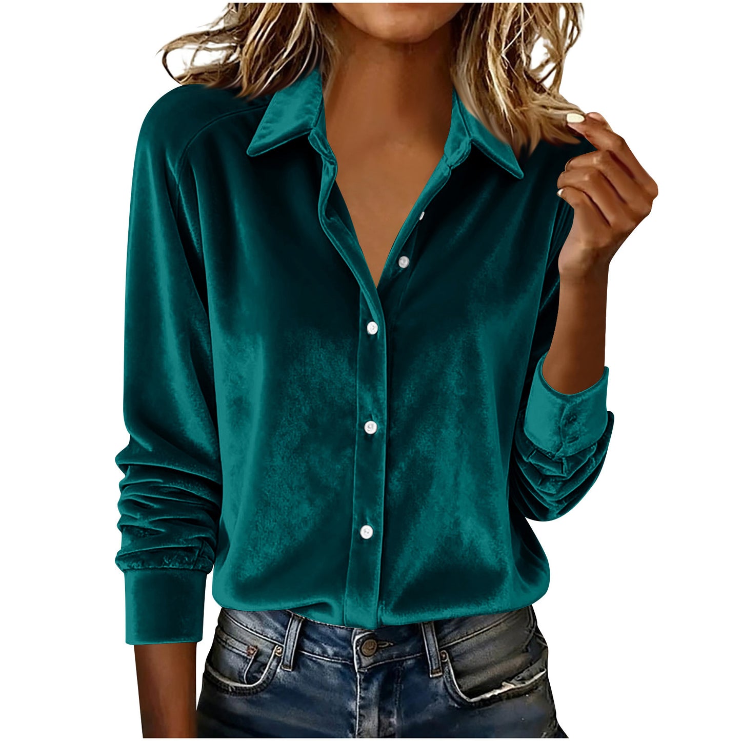 Versatile Solid-color Gold-velvet Shirt With A Lapel Collar