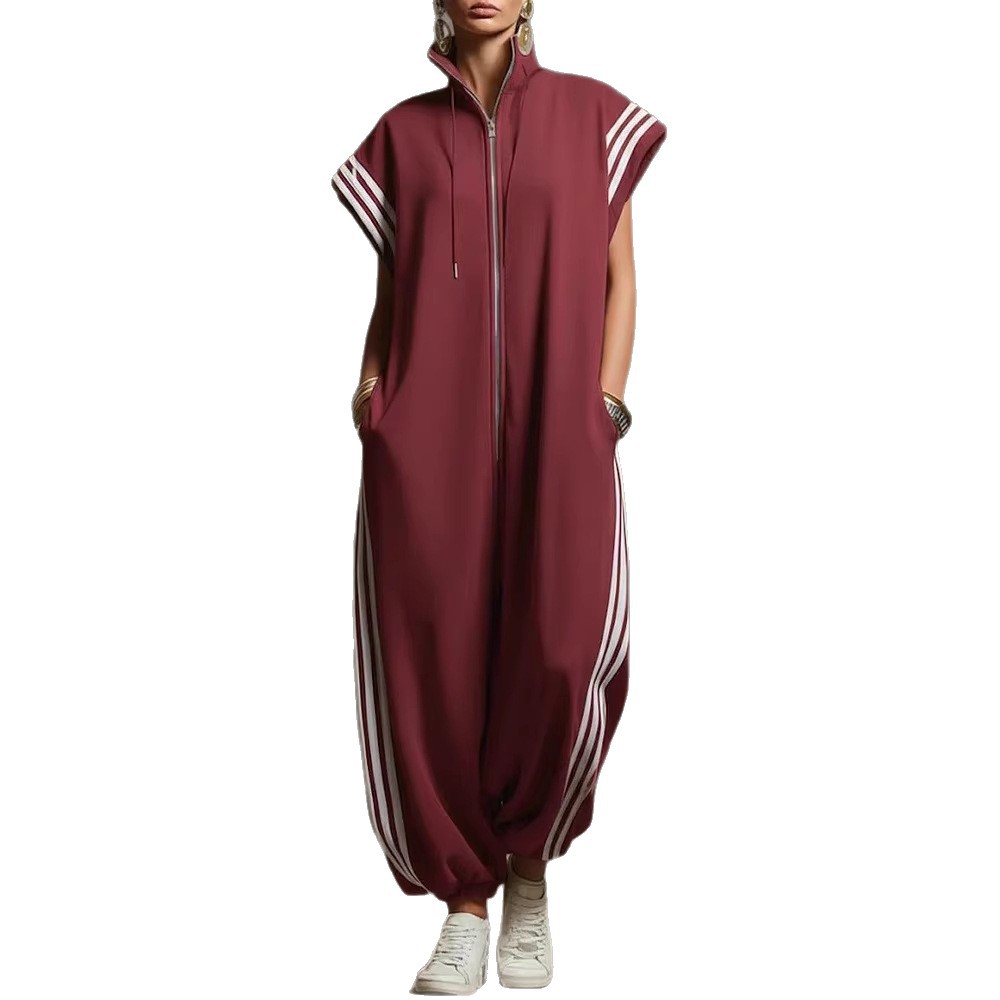 Striped Contrast-Color Jumpsuit With A Zippered Stand Collar