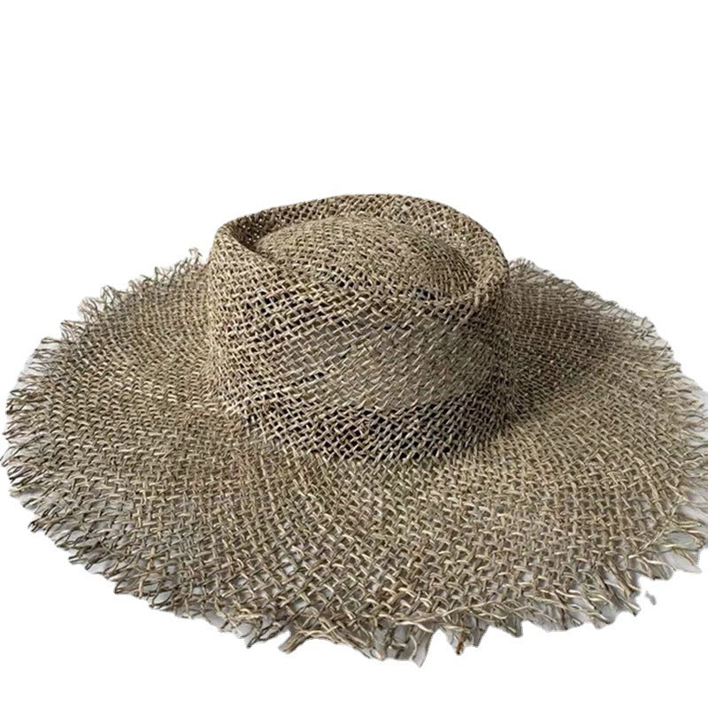 Women's Raffia Style Straw Hat With Raw Edge And Concave Top