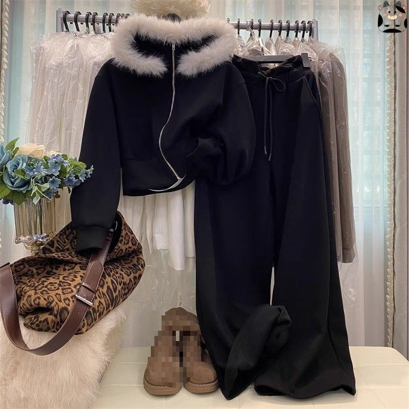 Gray Hooded Coat Fur Collar Fleece Sweater
