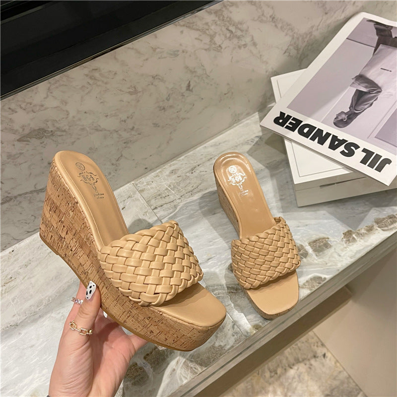 Wood Grain One-word Drag Square Head Woven Wedge Sandals And Slippers