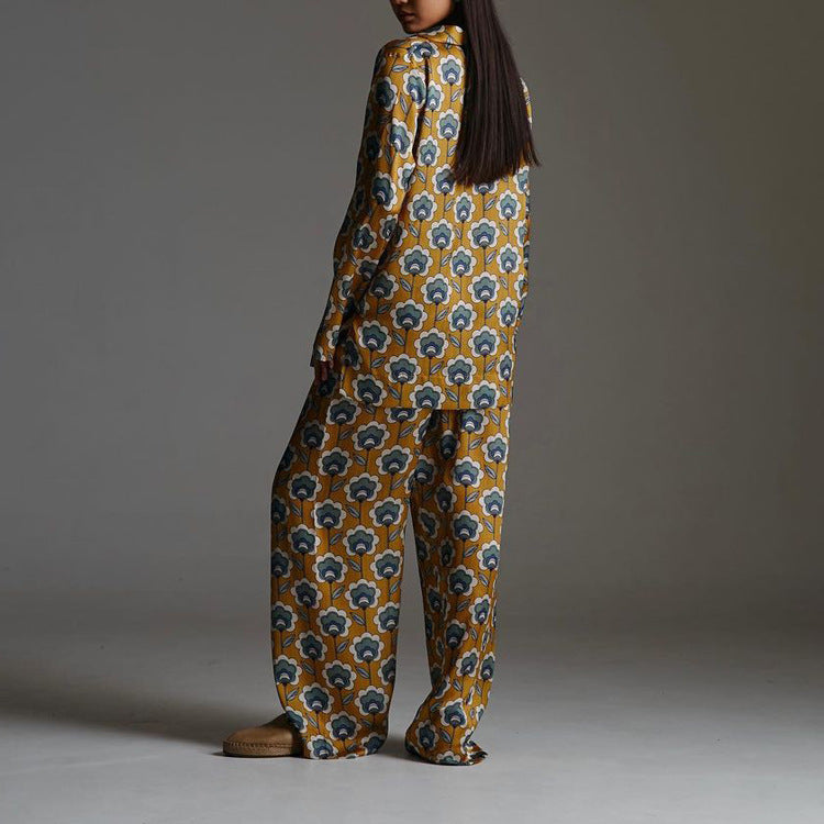 Womens Floral V-Neck Loose Long-Sleeve Jumpsuit With Elastic Pants