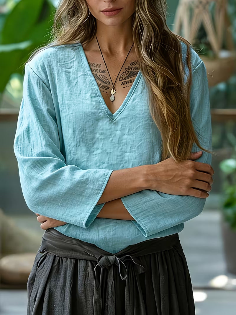Loose Solid Color V-neck Nine Quarter Sleeved Cotton And Linen T-shirt