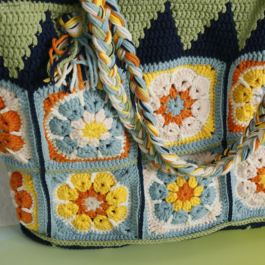 Large Wool Crocheted Grandma Square Grid Bag Retro Style Women's Bag