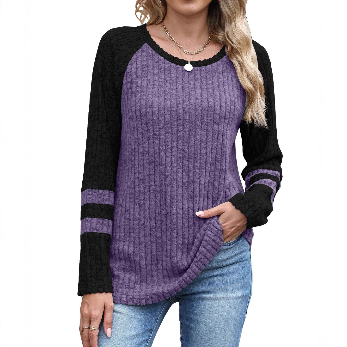 Europæisk og amerikansk mode langærmet sweater med kontrastfarve rund hals top