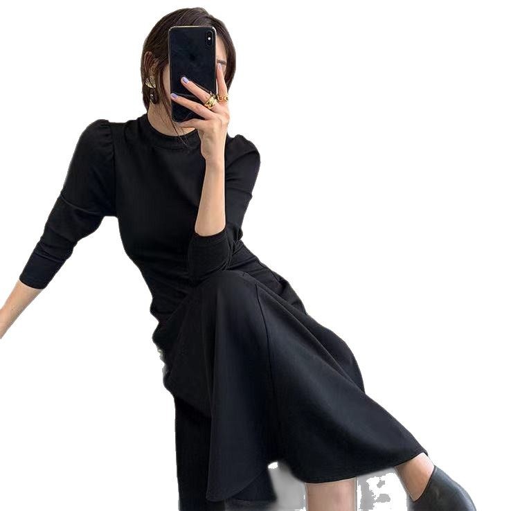 Womens Solid-Color Casual Long-Sleeve Swing Dress