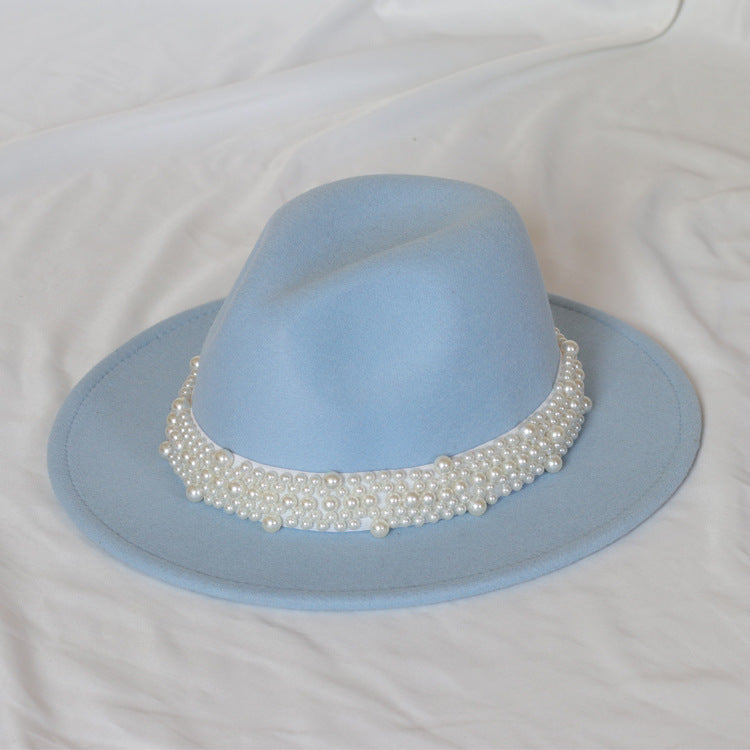 Handmade Pearl Top Hat Big Brim Fur Felt Hat