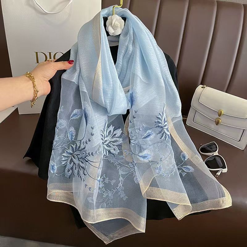 Versatile Embroidered Silk-Feel Thermal Scarf