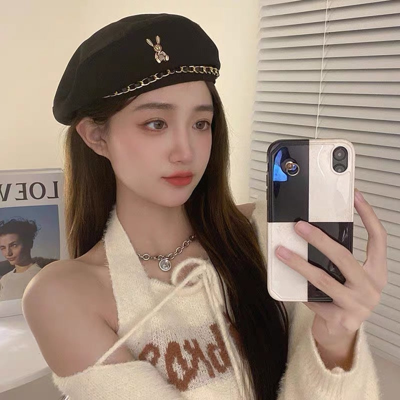 Autumn Winter Metal Chain Rabbit Female Beret