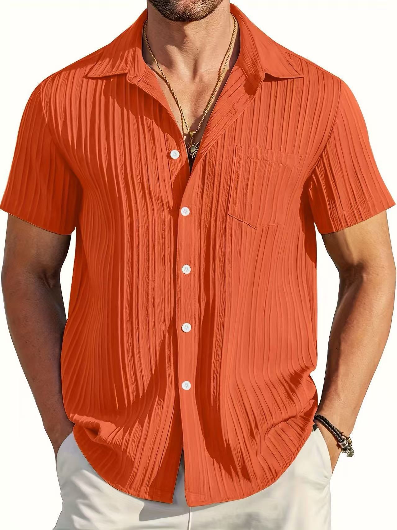 Polo Collar Solid Color Short Sleeve Button Shirt Men's Shirt
