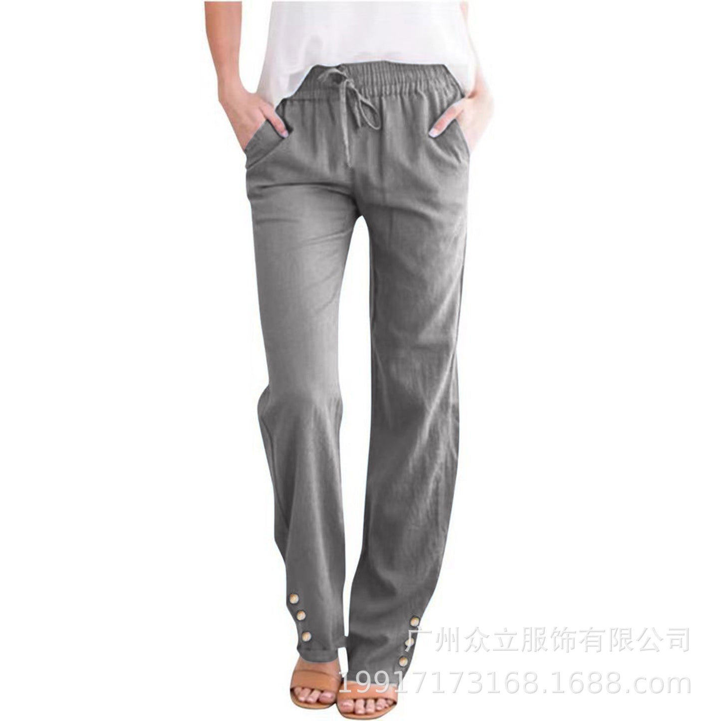 Solid Color Cotton And Linen Loose Drawstring Button Casual Wide-leg Trousers