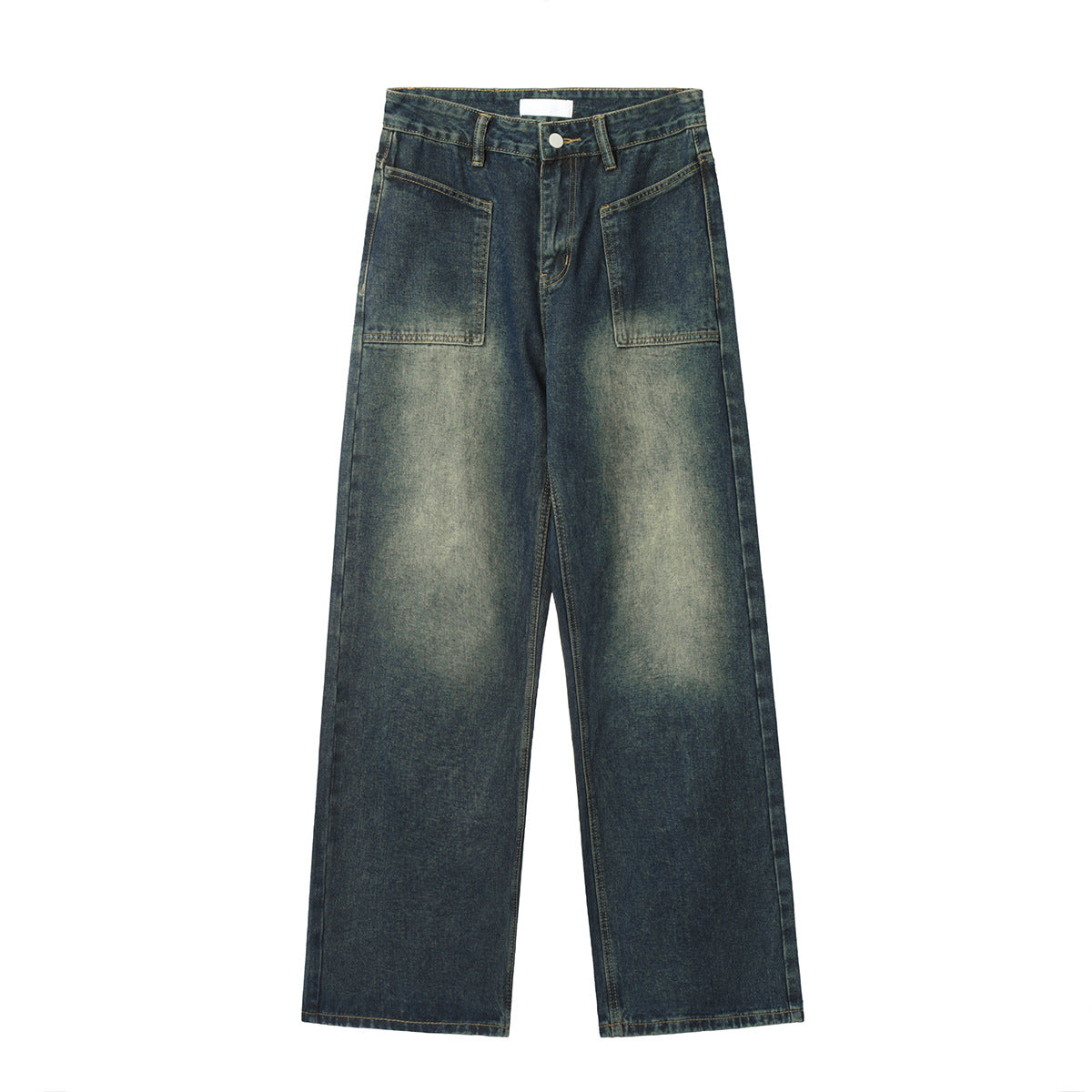 Antique Dark Blue Yellow Mud Color Washed Distressed Straight Jeans