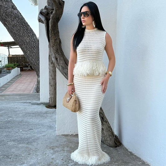 Womens Fashion Round-Neck Sleeveless Hollow-Out Knit Set