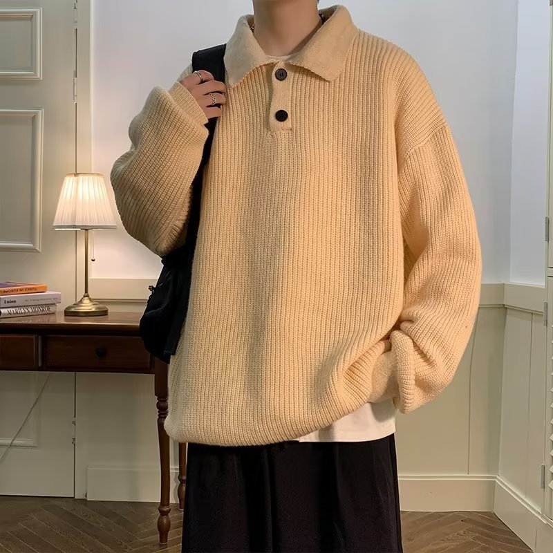 Polo Krave Sweater Herre Amerikansk Retro Kaffe Farve High Sense Oversize Indre Sweater