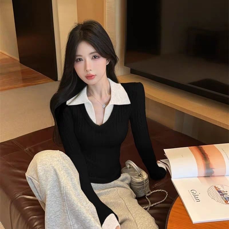 Preppy-style Mock Two-piece Polo-neck Knit Top