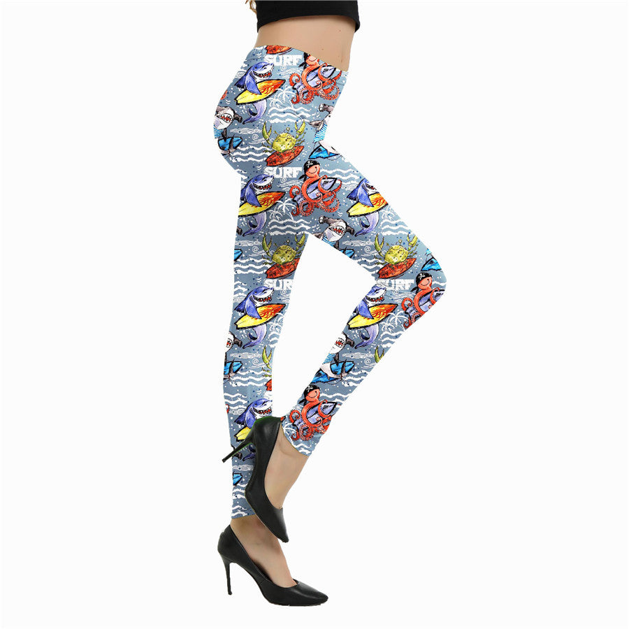 European And American Cartoon Abstract Graffiti Print Leggings Women