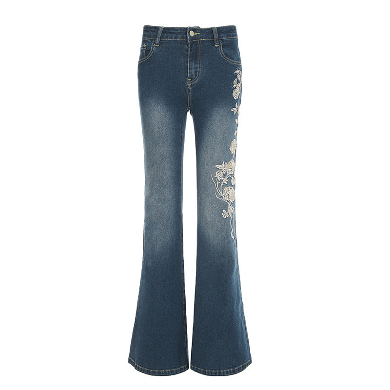 Denim-style Casual Pants With Floral Embroidery