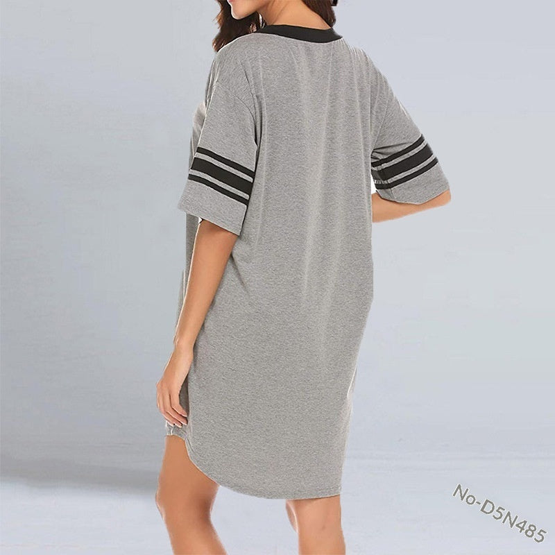 Stylish Color-Block V-Neck Long Casual Irregular Womens T-Shirt For Home Wear