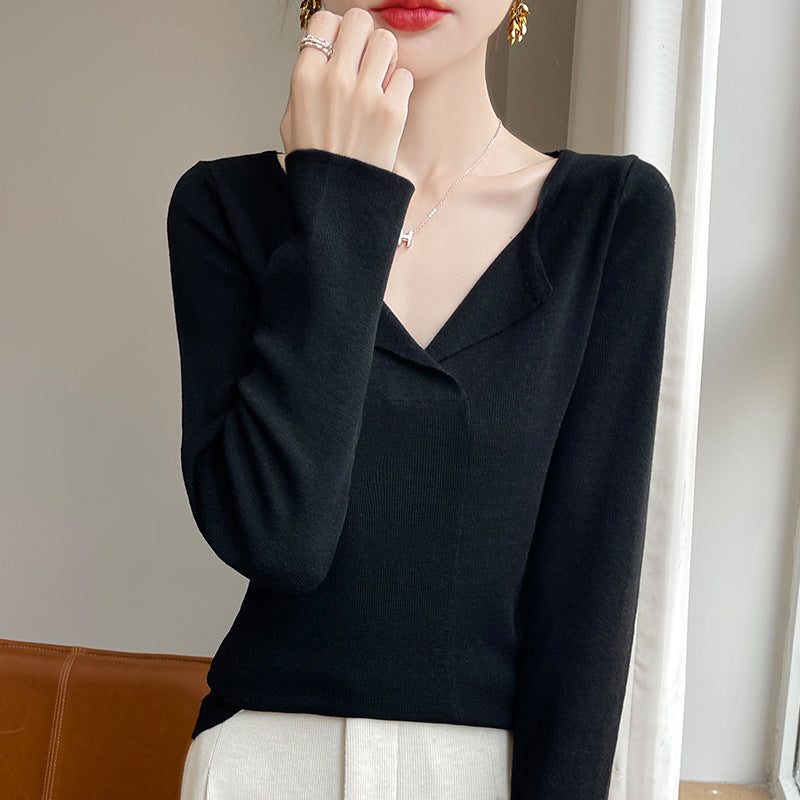 French Retro Half V-neck Knitted Bottoming Shirt For Women Slim Fit Slimming