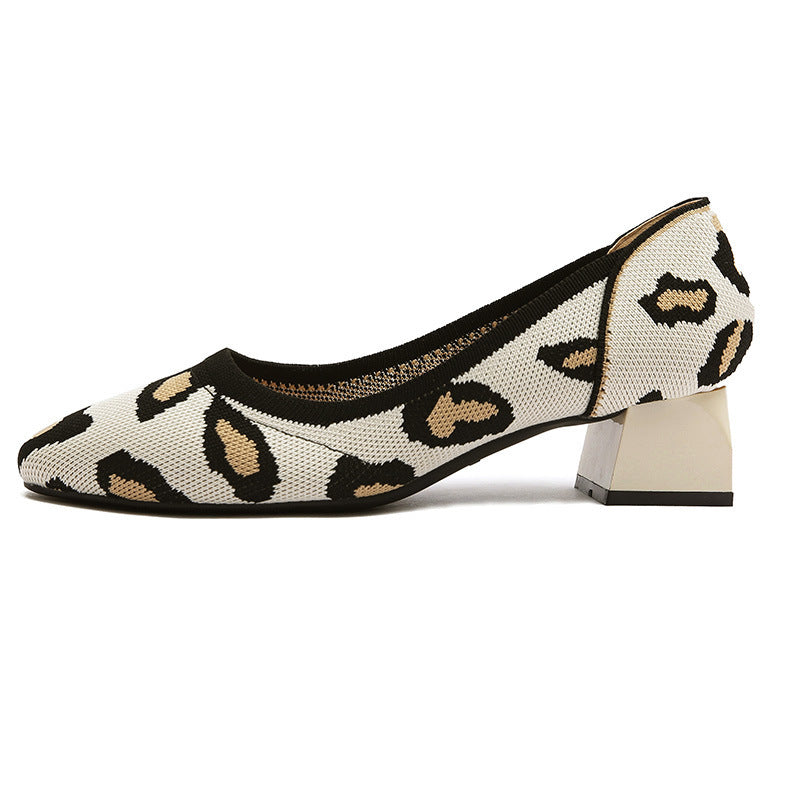 Square Toe Mid-heel Cross-border Foreign Trade Flyknit Leopard Print Chunky Heel Comfortable Woven Women's High Heels