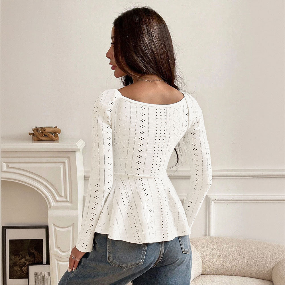 Winter New Elegant Women Solid Color U-neck Spliced Tie Lace Long Sleeve Top