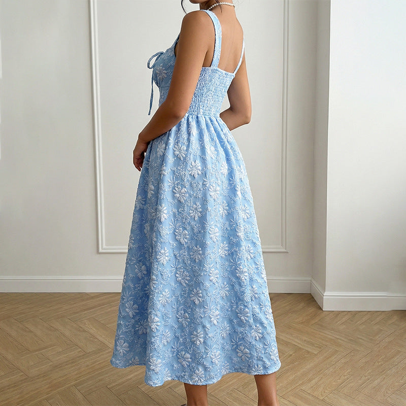 SpringSummer New Blue Jacquard Square-Neck French-Style Dress