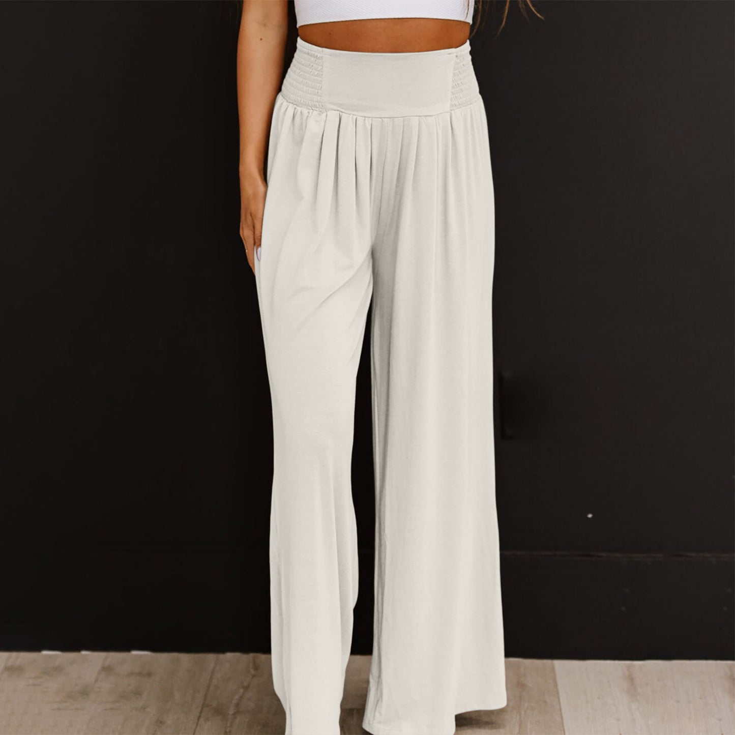Women's Casual Cotton And Linen Smocking Distressed Mid-waist Trousers