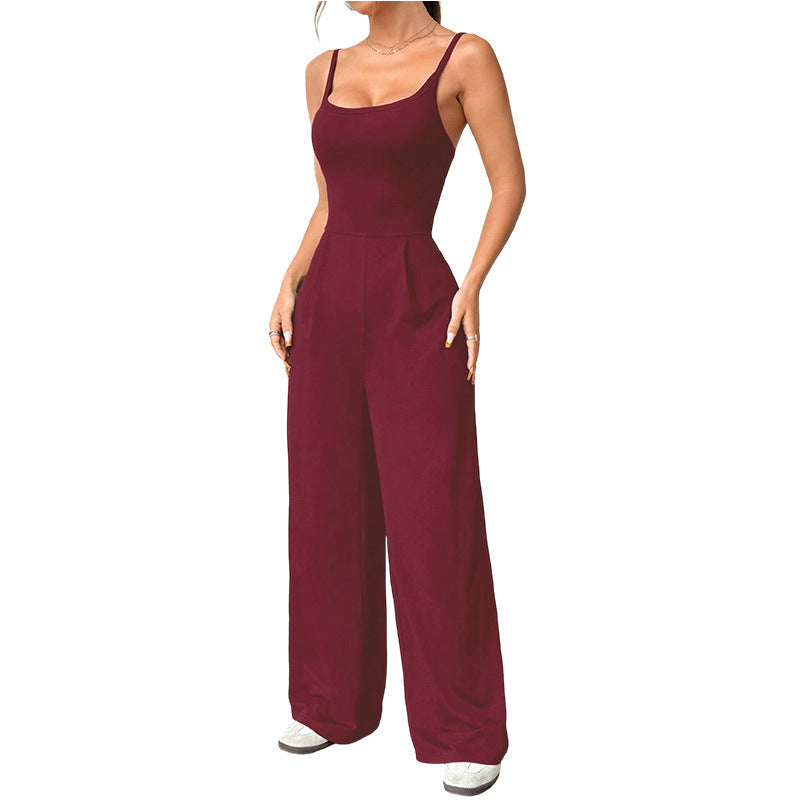 Summer Strap-Style Solid-Color Loose Jumpsuit For Women