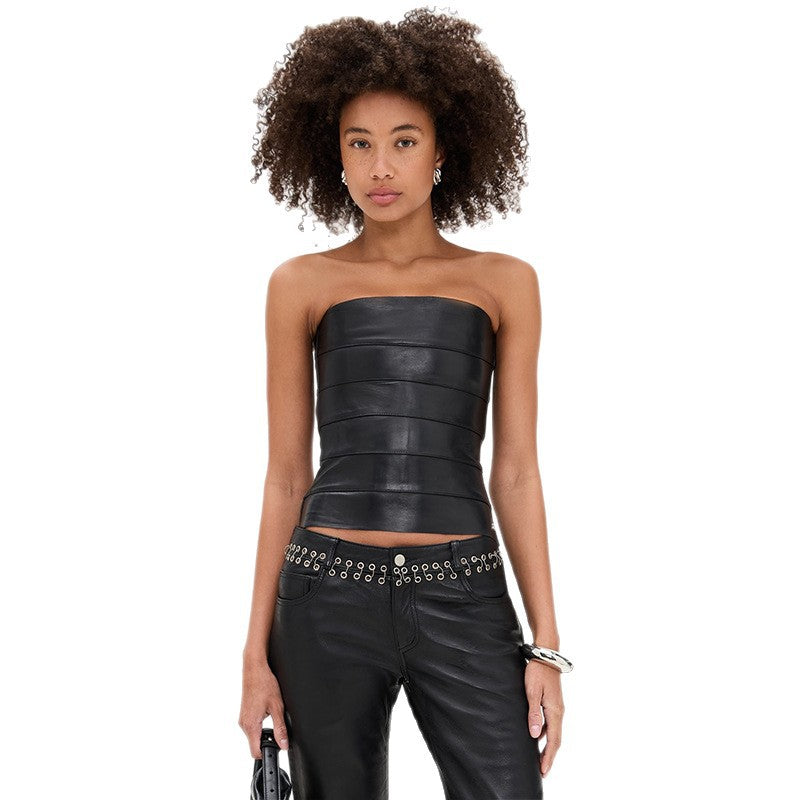 PU Leather Tube Top With Open Back And Zipper