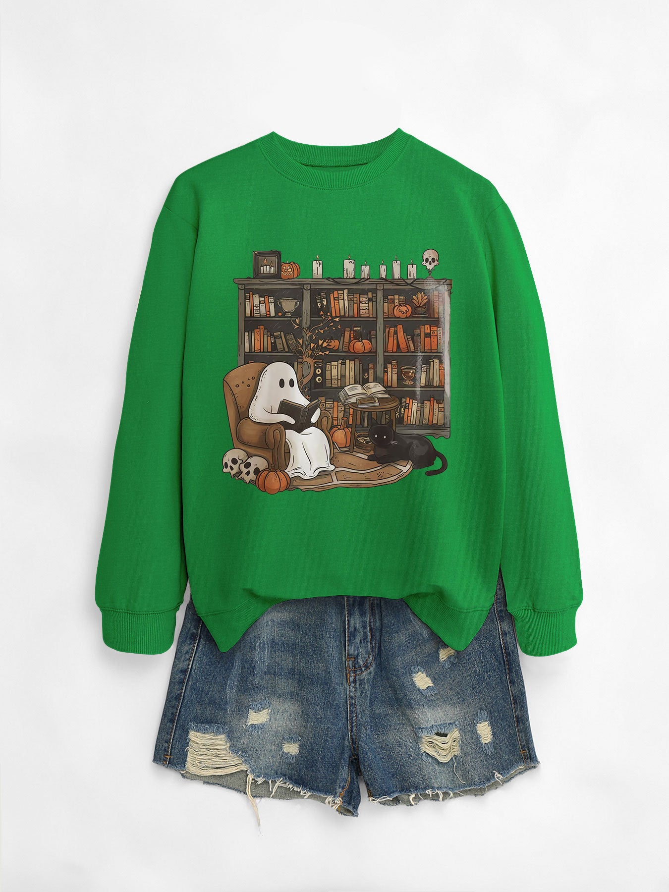 Printed Bookshelf Ghost Black Cat Round Neck Sweater